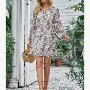Women's V Neck Puff Sleeves Floral Mini Dress